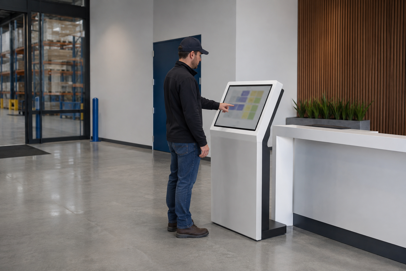 Kiosk terminalinde kullanıcı etkileşimi, veri girişi ve iş sistemi akışı