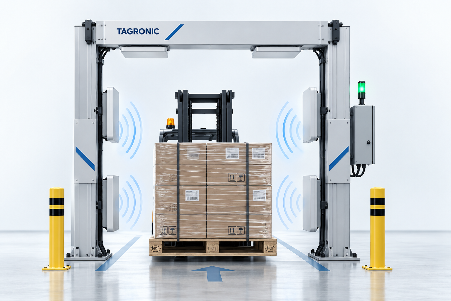RFID Gate geçişinde antenlerin palet üzerindeki etiketleri algıladığı teknik görsel