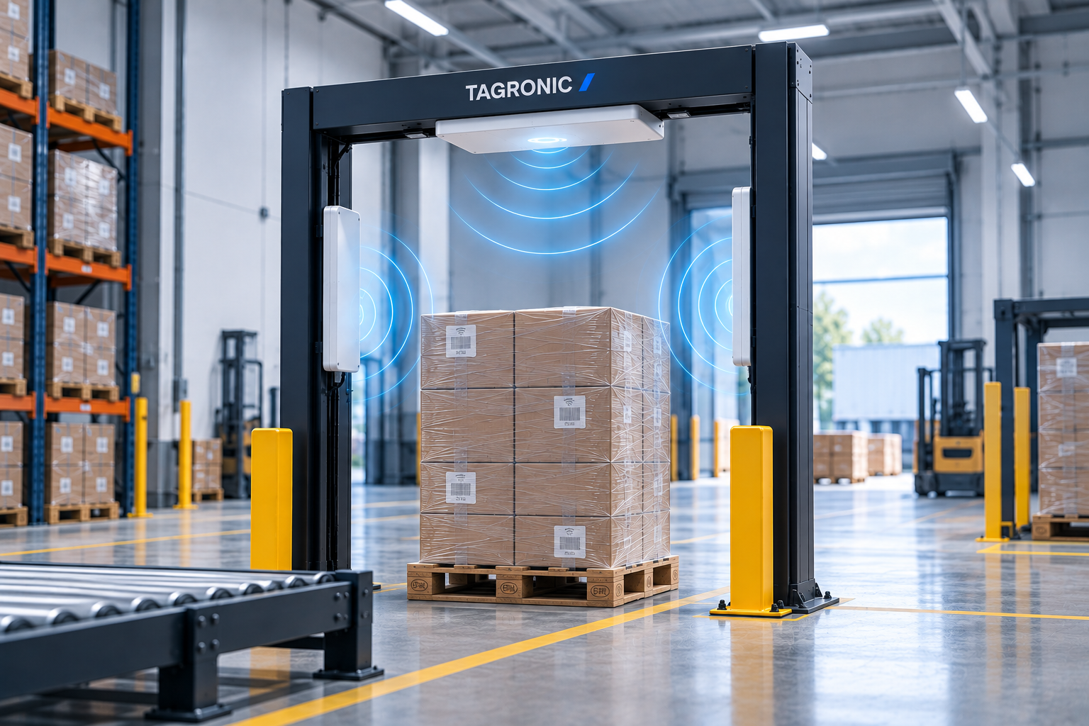 RFID Portal alanında sabit antenlerin geçen yük üzerindeki etiketi algıladığı teknik görsel